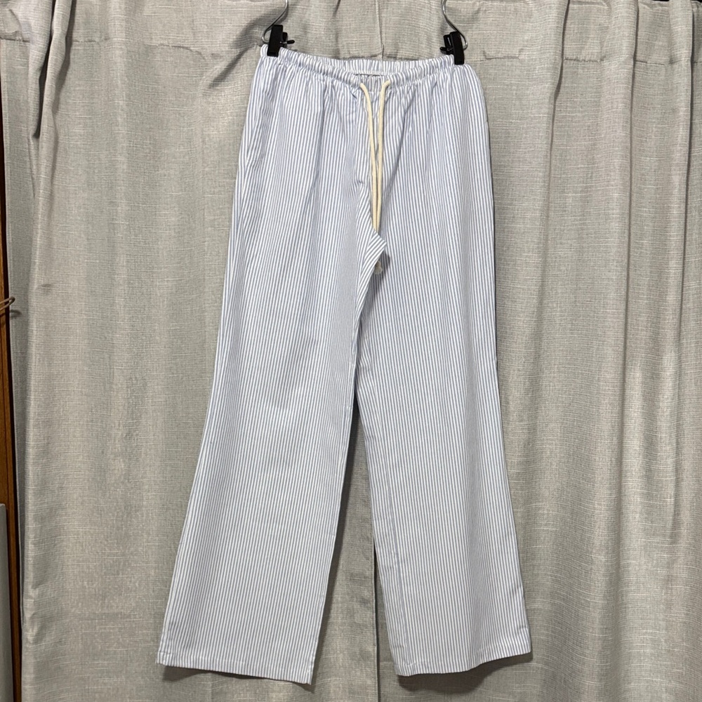 Like New Cotton Blend PullOn Pants-Sz M-Blue/White Striped-Wide Leg-Drawstring